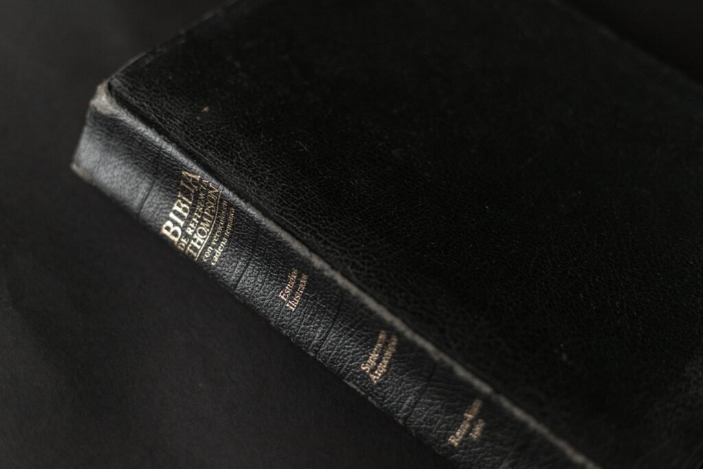 A black leather Bible with gold lettering on the spine, showcasing its textured cover.